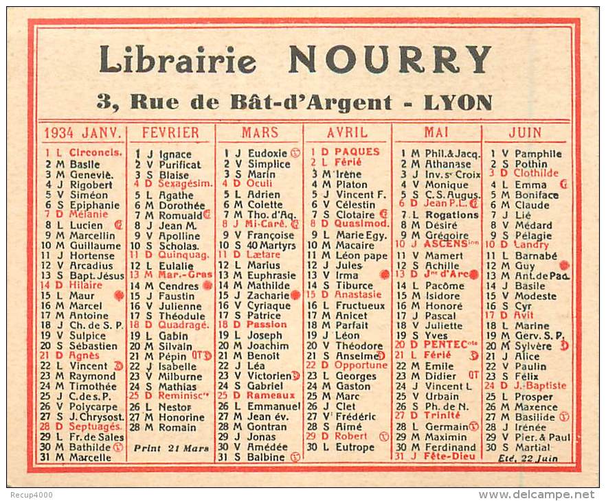 CALENDRIER  1934  Librairie Nourry Lyon    2 Scans - Tamaño Pequeño : 1921-40