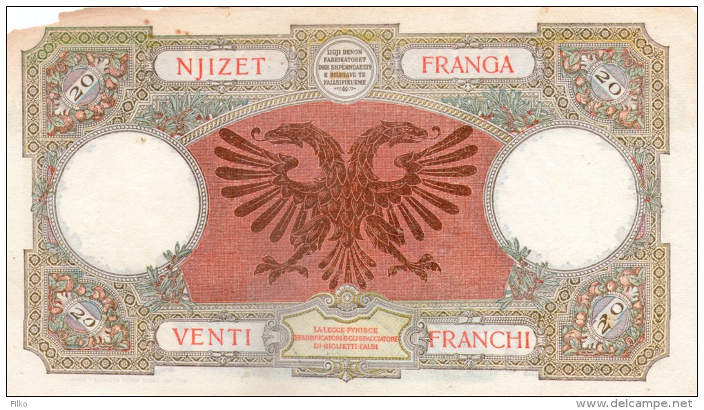 Albania 20 Franga,ND(1939),P#7,as Scan - Albania
