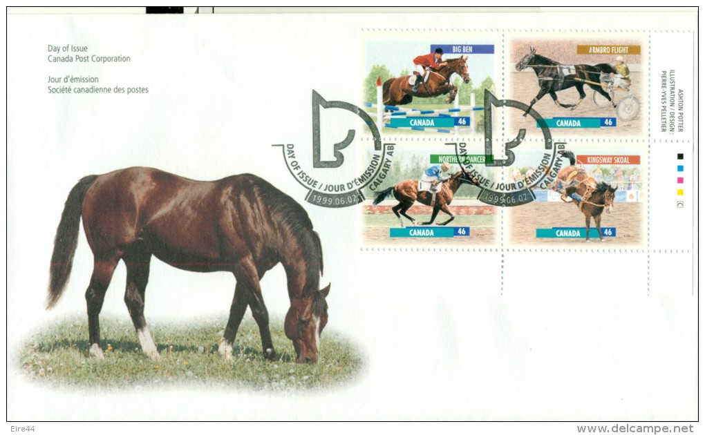 Canada 1999 Calgary FDC Block 4  Horse Race Jumping - 1991-2000