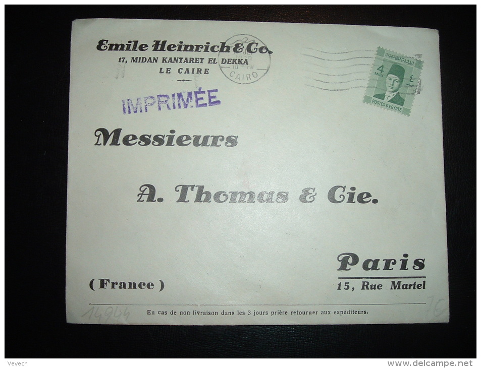 LETTRE POUR FRANCE TARIF IMPRIMEE TP 4M OBL.MEC. 10 JLY 1939 CAIRO + EMILE HEINRICH &amp; Co. - Brieven En Documenten