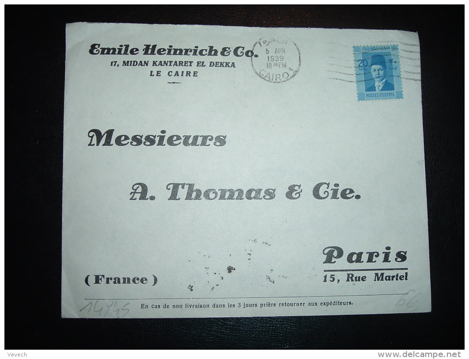 LETTRE POUR FRANCE TP 20M OBL.MEC. 5 APR 1939 CAIRO 1 + EMILE HEINRICH &amp; Co. - Storia Postale