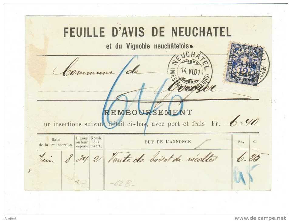 Suisse // Carte De Remboursement Au Départ De Neuchâtel Le 14.06.1901 - Briefe U. Dokumente