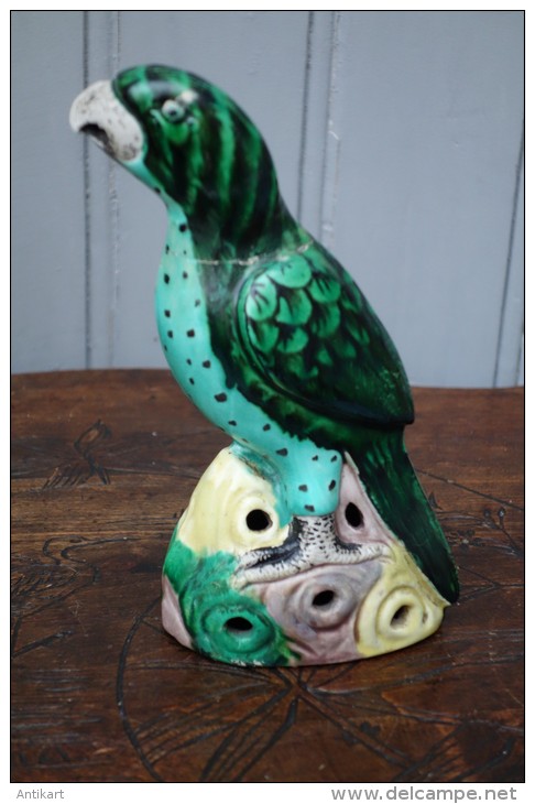 CHINE - Perroquet Vert En Céramique - XIXe - Signé - Asian Art