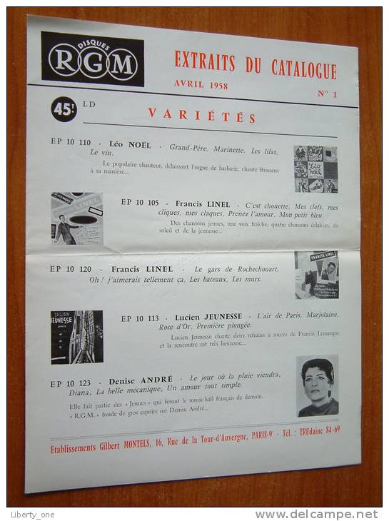 Disques RGM Extraits Du Catalogue AVRIL 1958 N° 1 / Et. Gilbert Montels Paris ( Plier / Voir Photo Pour Detail ) ! - Programme