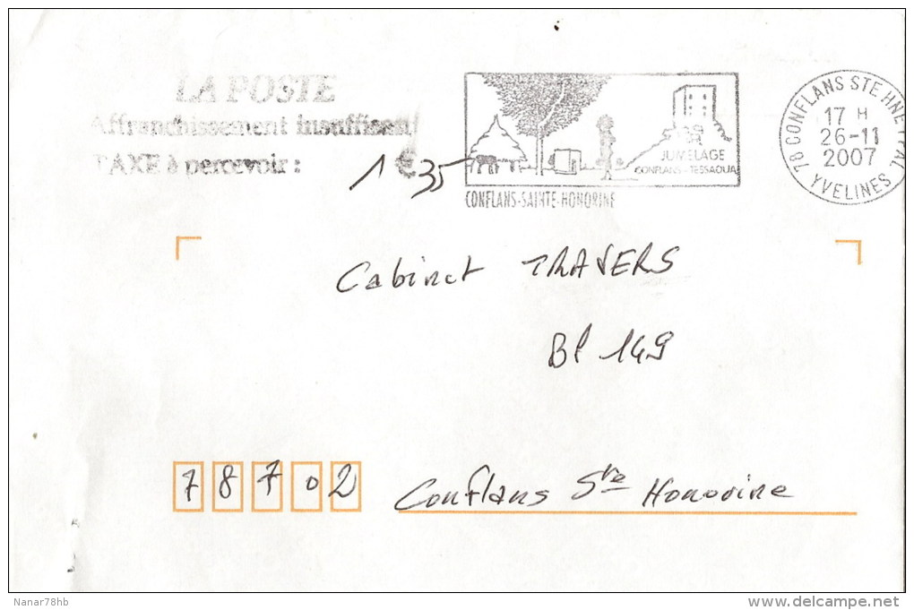 Lettre Taxée Non Timbrée Flamme De Conflans Ste Honorine (78) (oblitération Du 26/11/2007) - 1960-.... Storia Postale