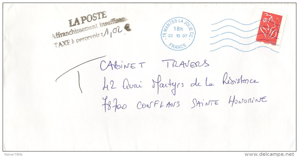 Lettre Taxée Timbre D´usage Courant (oblitération Du 22/10/2007) - 1960-.... Storia Postale