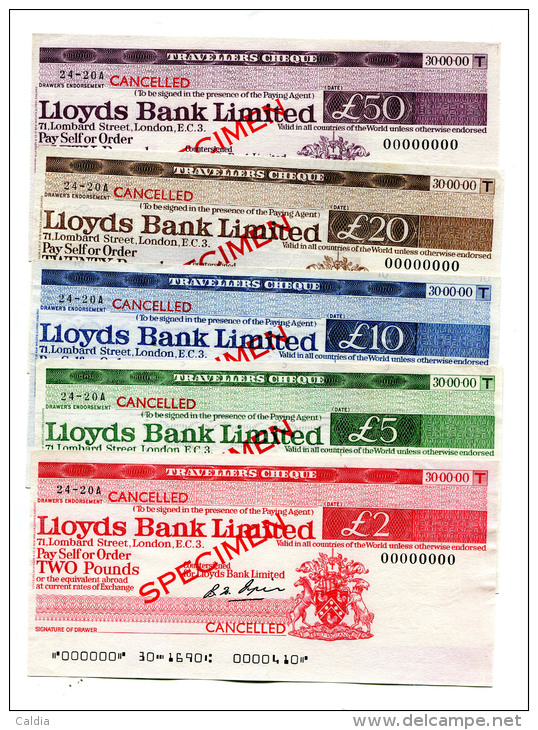 Grande-Bretagne Great Britain SET Pounds ""CHEQUE De VOYAGE " TRAVELLERS CHEQUE "" SPECIMEN Lloyds Bank Limited - Autres & Non Classés