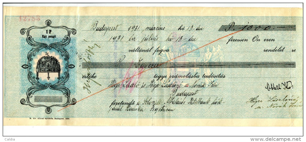 Hongrie Hungary Ungarn  "" CHEQUE BANQUE "" PENGO "" 1931 STAMP - Hungary