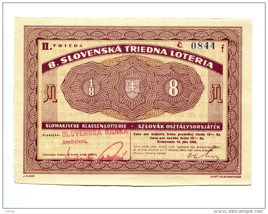 Slovaquie Slovakia - Lottery Ticket 1943 AUNC - Slovakia