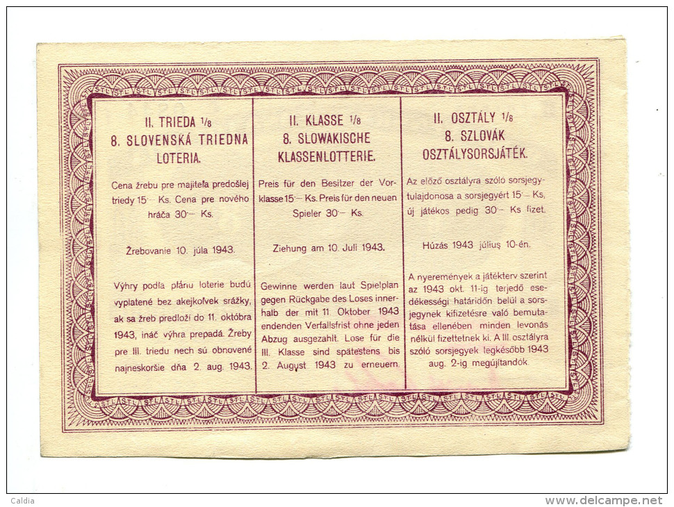 Slovaquie Slovakia - Lottery Ticket 1943 AUNC - Slovaquie