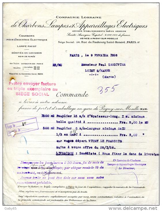 COMPAGNIE LORRAINE DE CHARBONS LAMPES & APPEREILLAGES ELECTRIQUES.PARIS.USINES A PAGNY SUR MOSELLE.54. - Electricité & Gaz