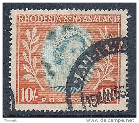 Rhodesia &amp; Nyasaland ~ 1954-56 ~ 10s. QEII Defin. ~ SG 14 ~ Used - Rhodesia & Nyasaland (1954-1963)