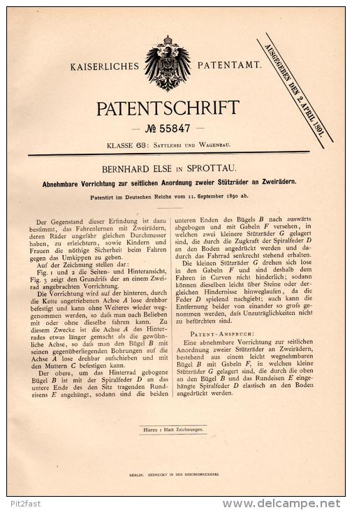 Original Patentschrift - B. Else In Sprottau / Szprotawa , 1890 , Fahrrad Mit Stützrädern , Vélo , Bicycle !!! - Historische Dokumente