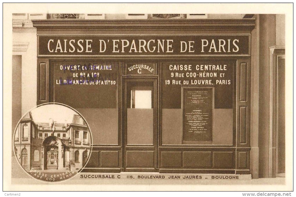 PARIS LA CAISSE D'EPARGNE 9 RUE COQ-HERON ET 19 RUE DU LOUVRE PARIS 75001 BANQUE BANK DEVANTURE - Arrondissement: 01