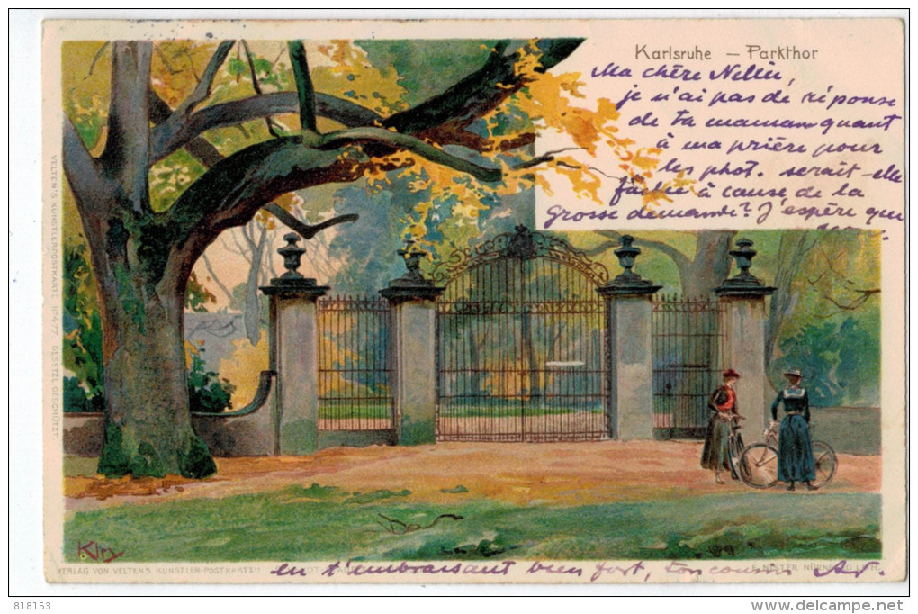 Karlsruhe : Parkthor ( Litho Kley ;Velten's Künstlerpostkarte N°477 ; 1903) - Karlsruhe