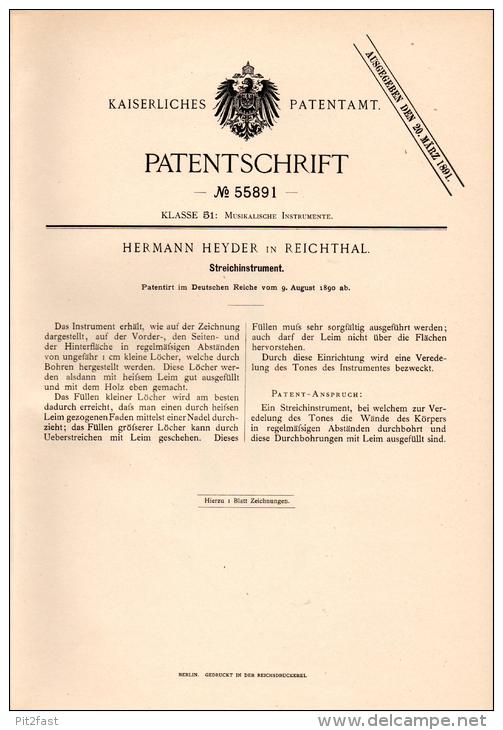 Original Patentschrift - H.Heyder In Reichthal / Rychtal I. Schlesien , 1890 , Streichinstrument , Geige , Violine !!! - Musikinstrumente