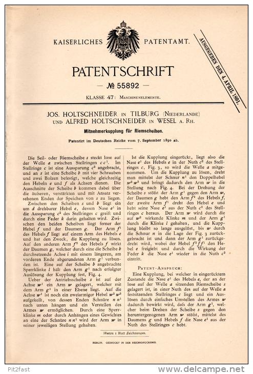 Original Patentschrift - A. Holtschneider In Wesel A. Rh. Und Tilburg , 1890, Kupplung Für Riemenscheibe , Maschinenbau - Tilburg