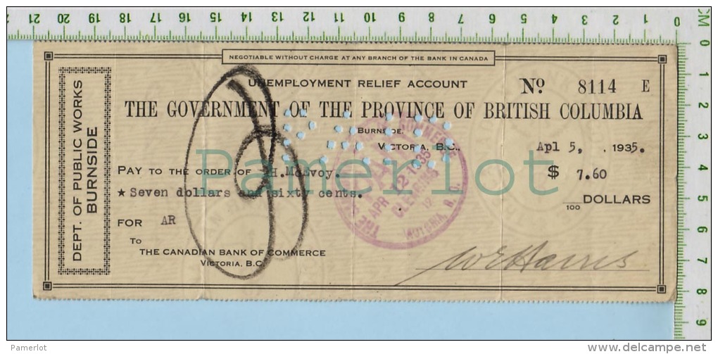 CHÈQUE BC, Canada - Paye THE GOVERNMENT OF THE PROVINCE OF BRITISH COLUMBIA DEP. OF PUBLIC WORKS BURNSIDE 1935 - Cheques & Traveler's Cheques