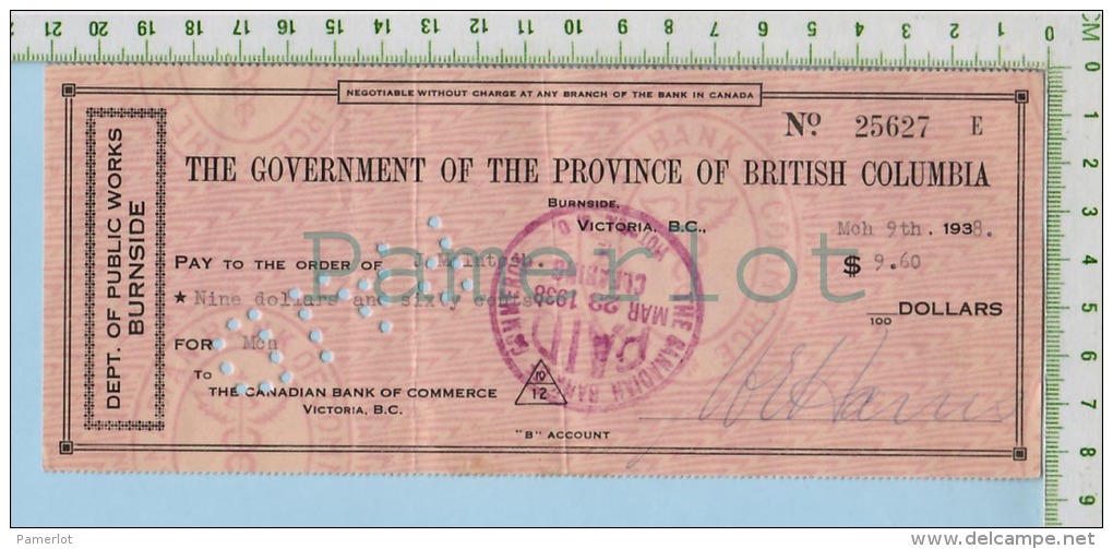 CHÈQUE De Paye BC, Canada - THE GOVERNMENT OF THE PROVINCE OF BRITISH COLUMBIA DEP. OF PUBLIC WORKS BURNSIDE 1938 - Chèques & Chèques De Voyage