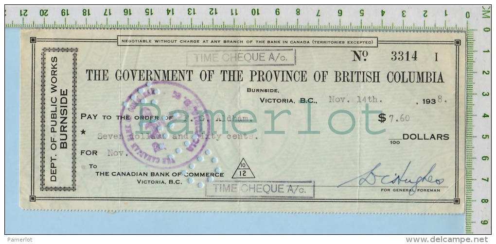 CHÈQUE De Paye BC Canada - THE GOVERNMENT OF THE PROVINCE OF BRITISH COLUMBIA DEP. OF PUBLIC WORKS BURNSIDE 1938 - Cheques & Traveler's Cheques