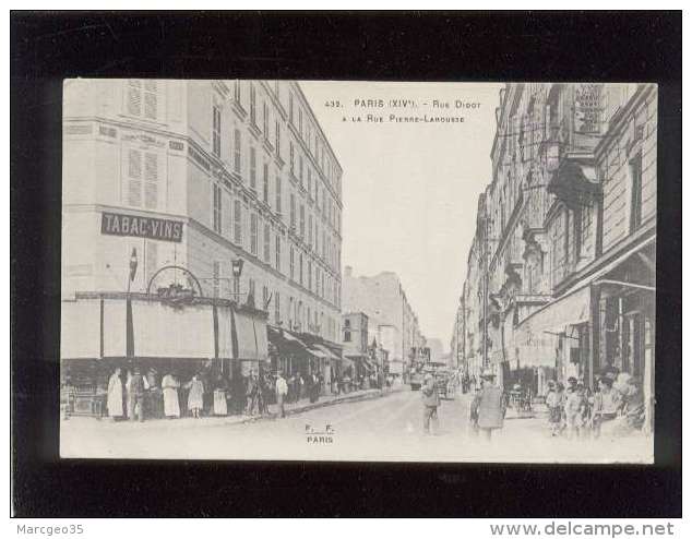 Paris  XIVe Rue Didot à La Rue Pierre Larousse édit. F-F  N° 432 , Animée Tabac Vins Renard , Tramway - Arrondissement: 14