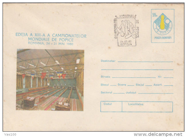 BOWLING, WORLD CHAMPIONSHIPS, COVER STATIONERY, ENTIER POSTAL, 1980, ROMANIA - Bocce