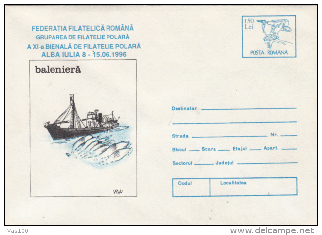 WHALE, SHIP, COVER STATIONERY, ENTIER POSTAL, 1996, ROMANIA - Baleines