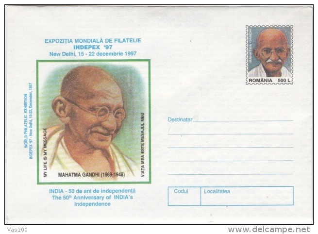 MAHATMA GANDHI, INDIAN INDEPENDENCE, COVER STATIONERY, ENTIER POSTAL, 1997, ROMANIA - Mahatma Gandhi