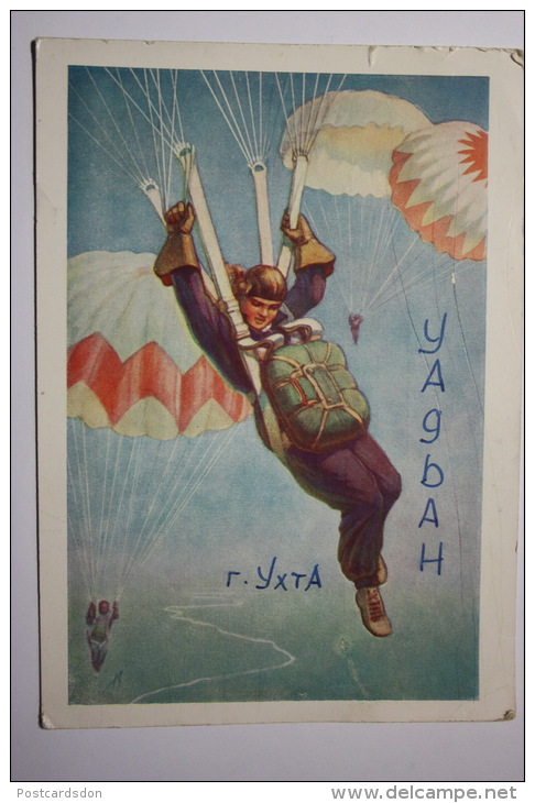 PARACHUTTING IN USSR (Girl Skydiver). OLD  RADIO PC - 1950s - Rare!!! - Fallschirmspringen
