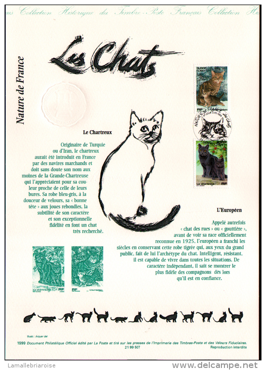 1999 - DOCUMENT OFFICIEL - DOUBLE FACIALE FRANC ET EURO - LES CHATS - Autres & Non Classés