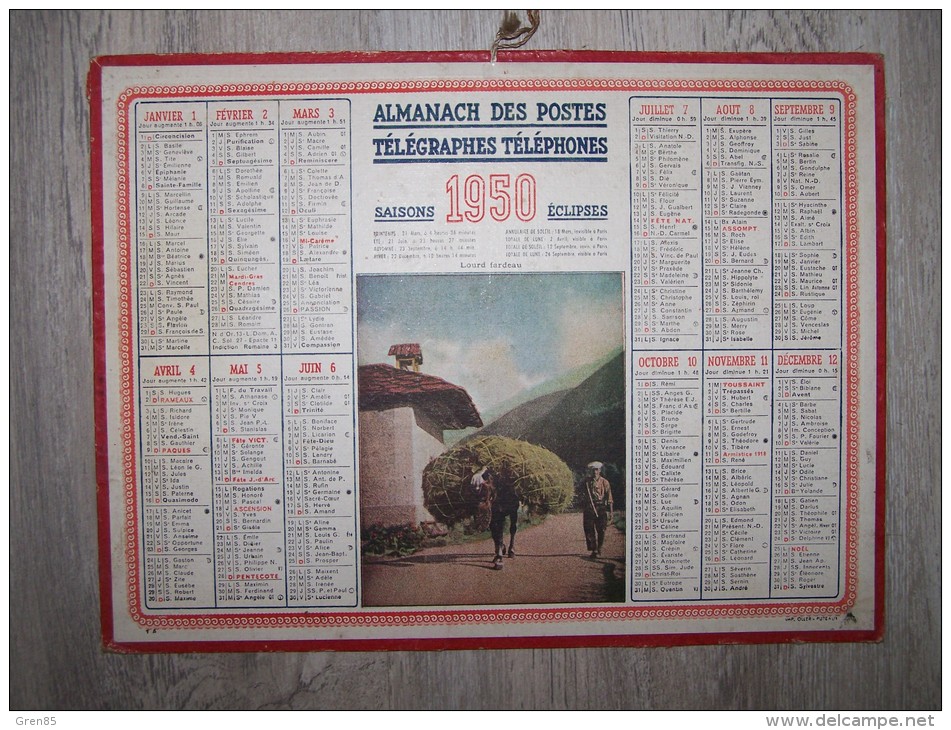 @ 1950 ALMANACH CALENDRIER DES POSTES TELEGRAPHES TELEPHONES, LOURD FARDEAU, IMPRIMERIE OLLER, ARDENNES 08 - Grossformat : 1941-60