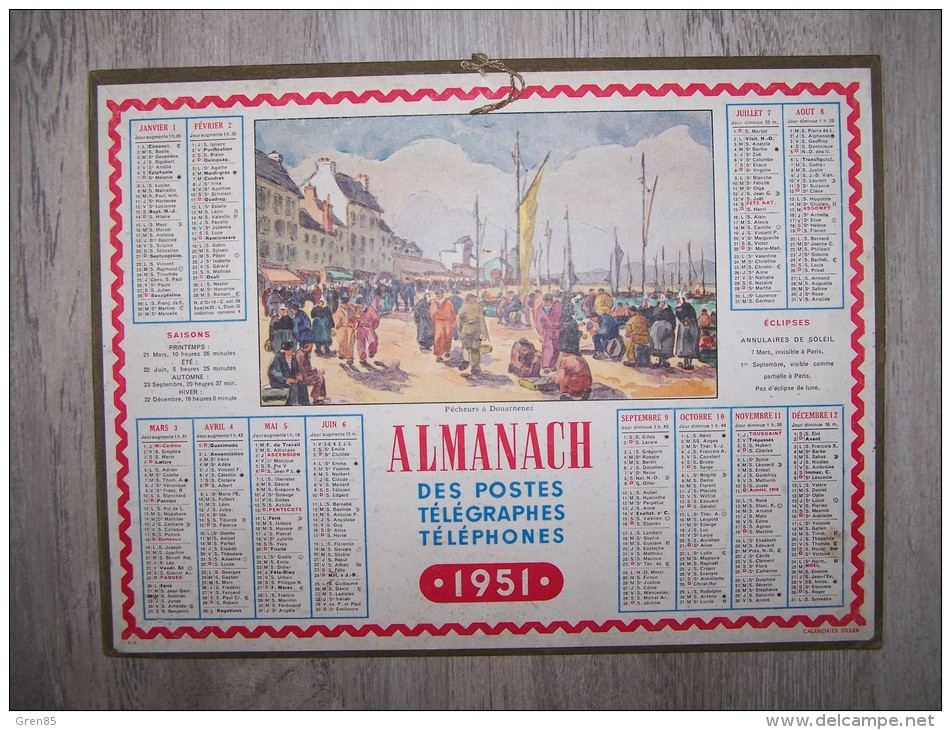 @ 1951 ALMANACH CALENDRIER DES POSTES TELEGRAPHES TELEPHONES, ILLUSTRATION PECHEURS A DOUARNENEZ, OLLER, ARDENNES 08 - Grand Format : 1941-60