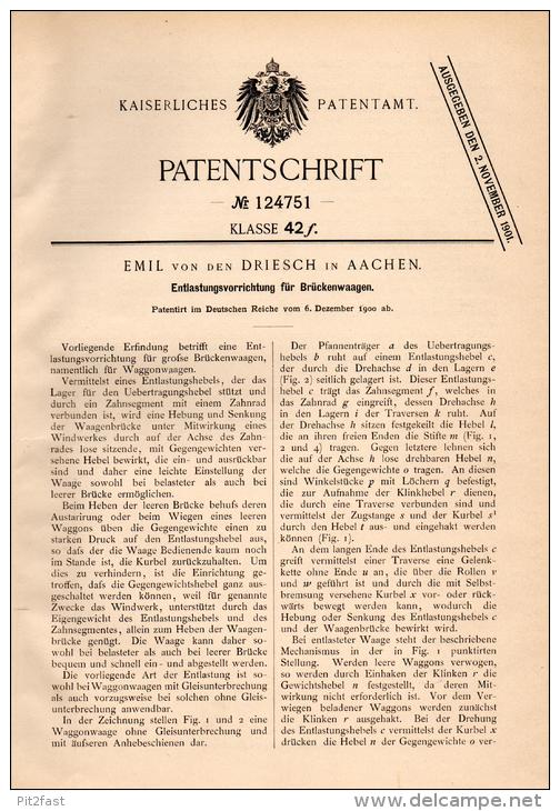 Original Patentschrift - Emil Von Den Driesch In Aachen , 1900 , Apparat Für Brückenwaagen , Brücke , Waage , Waggon !!! - Historische Dokumente
