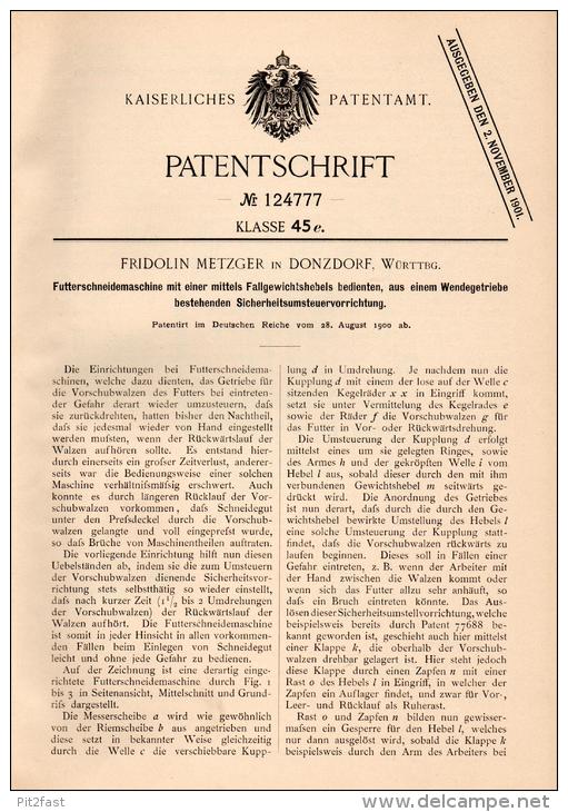 Original Patentschrift - F. Metzger In Donzdorf I. Württbg., 1900 , Futterschneidemaschine , Landwirtschaft , Tierzucht - Maschinen