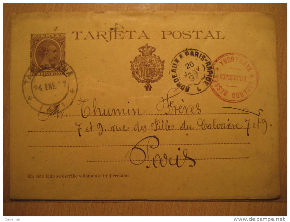 TARRAGONA 1897 To Bordeaux Paris Ambulante Train Cancel France N&ordm;36 Postal Stationery Card Catalonia Spain Espa&nti - Covers & Documents