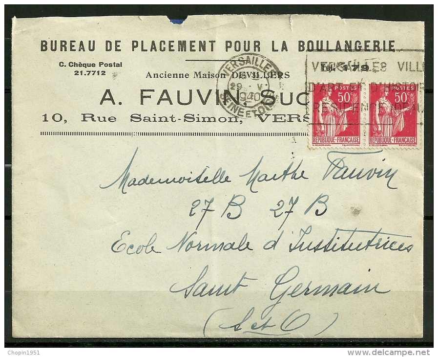 N° 283 En Paire De VERSAILLES SUR LETTRE A EN-TËTE : BUREAU DE PLACEMENT POUR LA BOULANGERIE - 1932-39 Paz