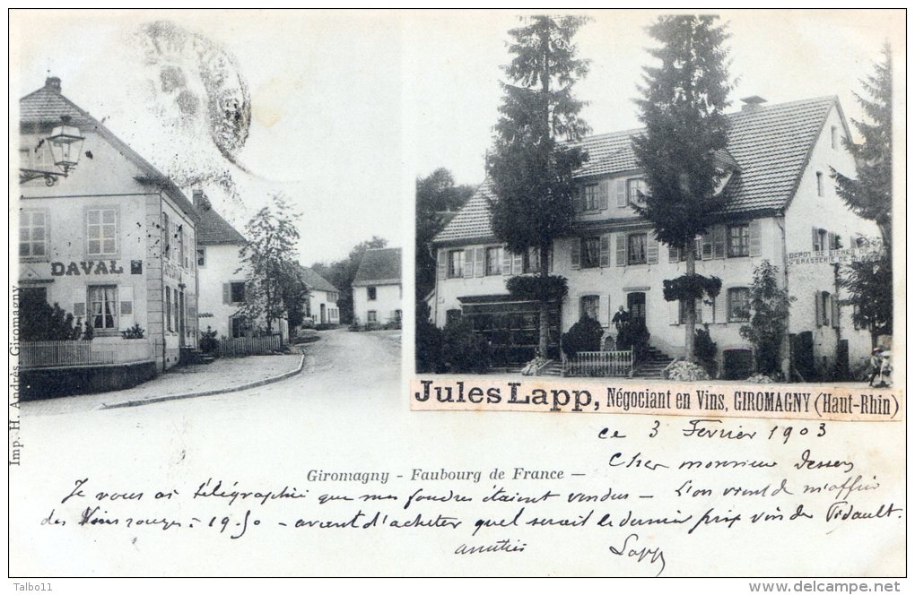 Giromagny - Faubourg De France - Carte Detourneé En Carte De Visite Par Mr Jules LAPP Négociant Vins - Giromagny