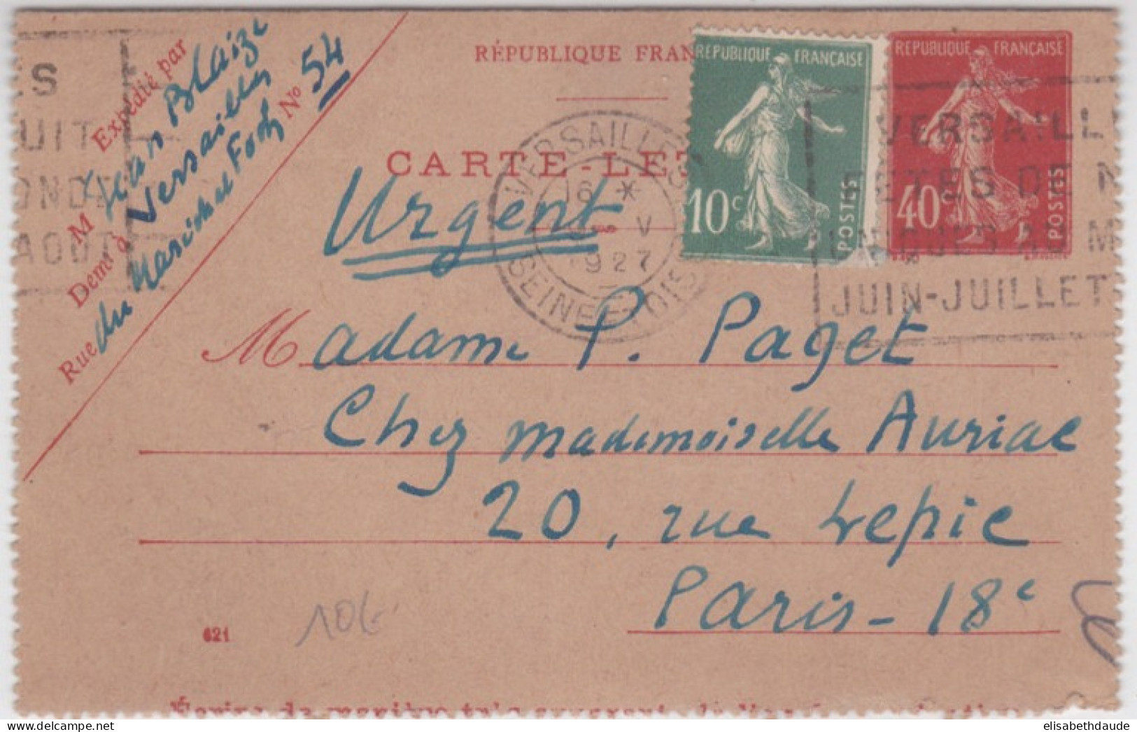 1927 - SEMEUSES - CARTE LETTRE ENTIER De VERSAILLES Avec COMPLEMENT D'AFFRANCHISSEMENT Pour TARIF LETTRE (URGENT) - Letter Cards