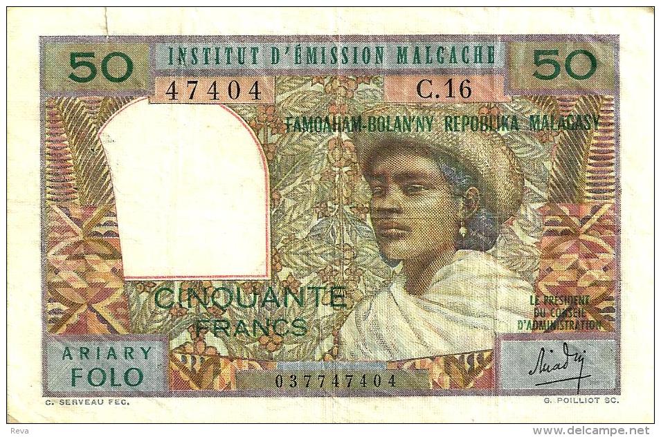 MADAGASCAR 50 FRANCS BROWN WOMAN HEAD FRONT MAN BACK ND(1969) P61 VF+ READ DESCRIPTION - Madagascar