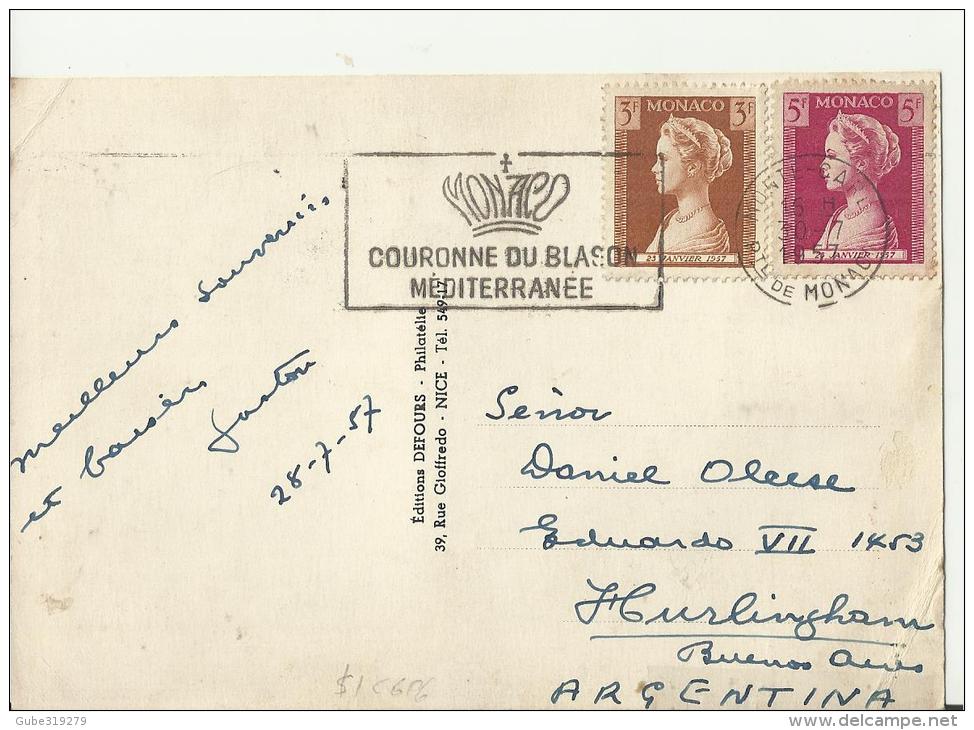 MONACO 1957 - MAXIMUM CARD GRACE ISSUE  W 3 STS OF 1-3-5 FR (1 IN FRONT -2ON BACK)  POSTM MAY 11,1957 ADDR TO ARGENTINA - Cartoline Maximum