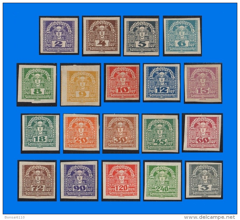 AT 1920, Mercury, Set Of 19 Imperforate Stamps, MH - Zeitungsmarken