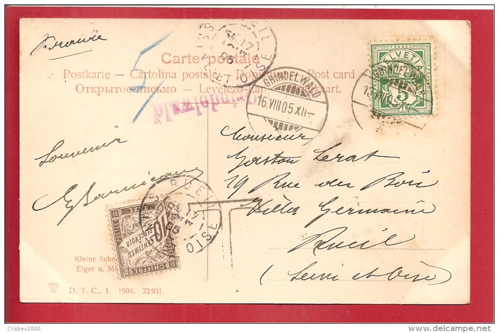 N°Y&T 66 GRINDELWALD (CP TAXEE EN FRANCE)  Vers     FRANCE Le 16 AOUT1905 (2 SCANS) - Storia Postale