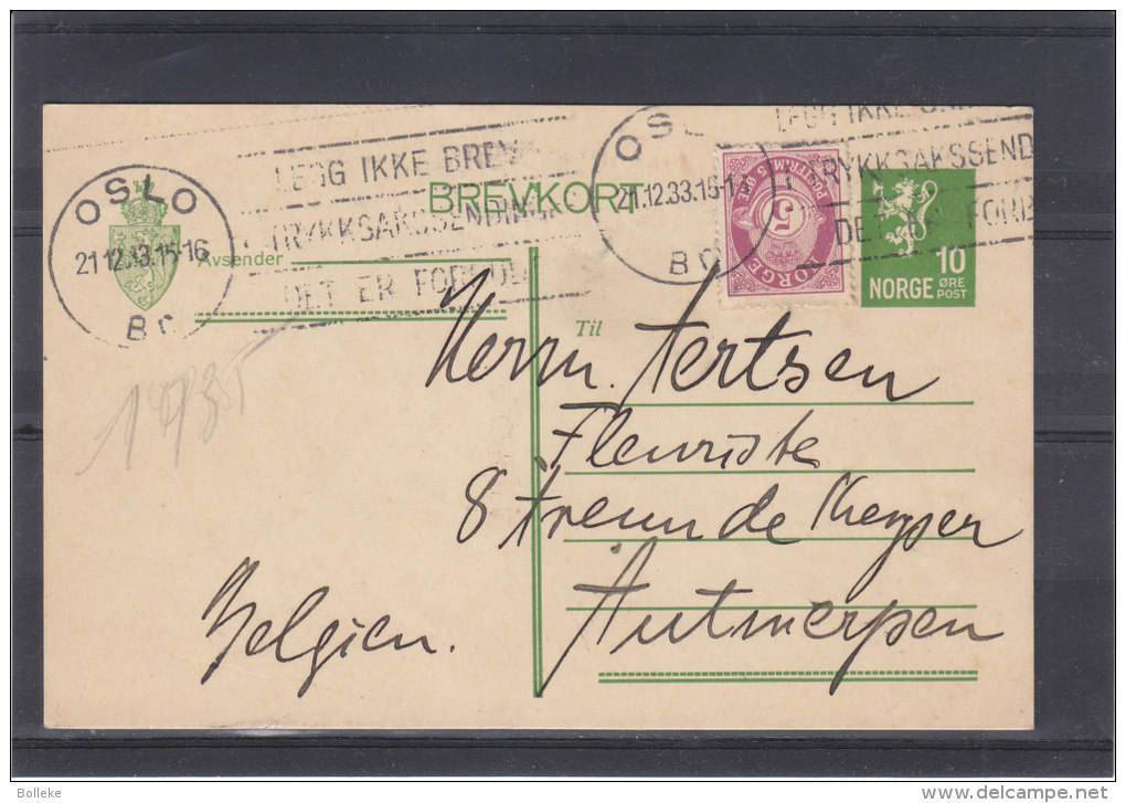 Norvège - Carte Postale De 1933 - Entier Postal - Annulation Roulette - Expédié Vers La Belgique - Storia Postale