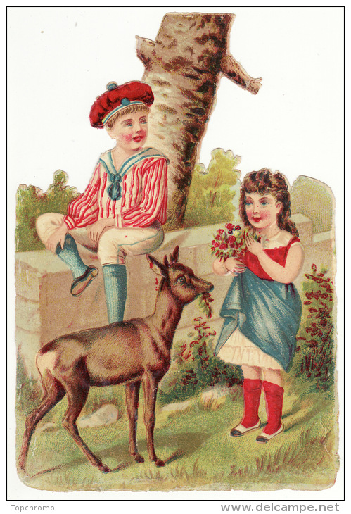 CHROMO Découpis Gaufrée Glacée Enfants Fille Garçon Biche Fleurs Fin 19ème - Otros & Sin Clasificación