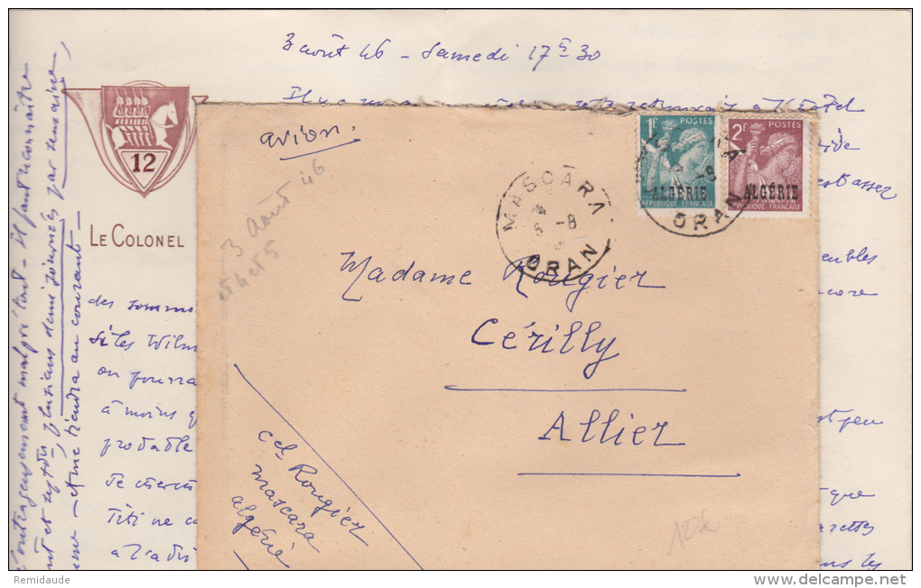 ALGERIE - 1946 - LETTRE Par AVION Du COLONEL De La PLACE De MASCARA Avec COMPLEMENT AFF. IRIS Pour CERILLY (ALLIER) - Storia Postale