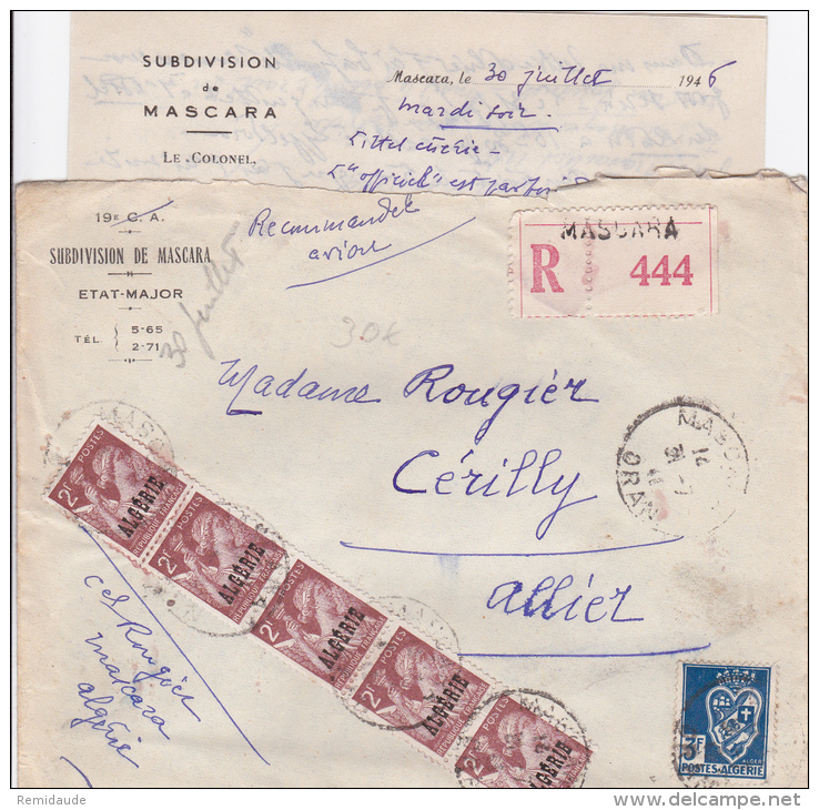 ALGERIE - 1946 - LETTRE RECOMMANDEE AVION Du COLONEL De La PLACE De MASCARA Avec IRIS Pour CERILLY (ALLIER) - Lettres & Documents