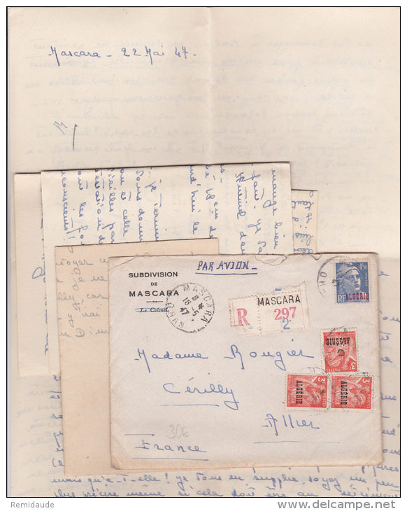 ALGERIE - 1947 - LETTRE RECOMMANDEE AVION Du COLONEL De La PLACE De MASCARA Avec IRIS + GANDON Pour CERILLY (ALLIER) - Lettres & Documents