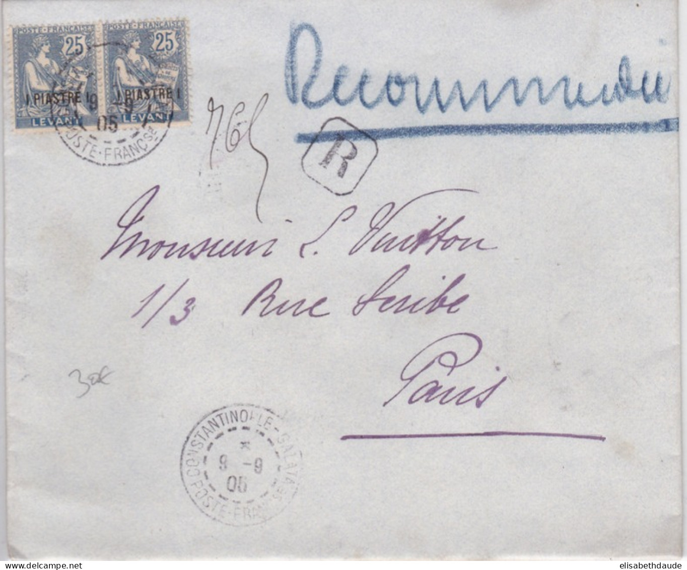 LEVANT - 1905 - LETTRE RECOMMANDEE De CONSTANTINOPLE (TURQUIE) Pour PARIS - MOUCHON - Storia Postale