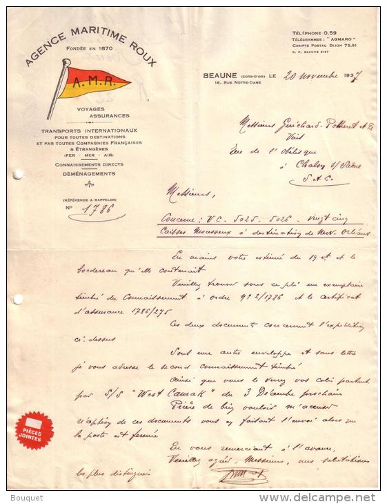 CÔTE D´OR - BEAUNE - TRANSPORTS FER MER AIR - DEMENAGEMENTS - AGENCE MARITIME ROUX - LETTRE - 1937 - 1900 – 1949
