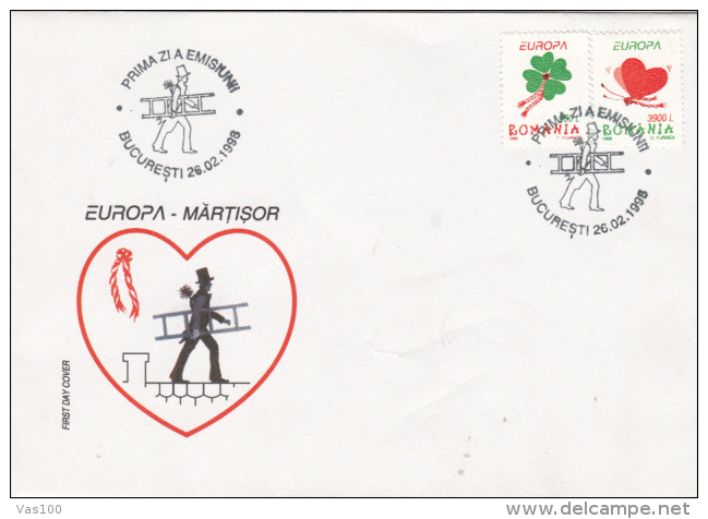 MARCH FIRST, SPRING CELEBRATION, CHIMNEY SWEEPER, CLOVER, HEART, COVER FDC, 1998, ROMANIA - Other & Unclassified